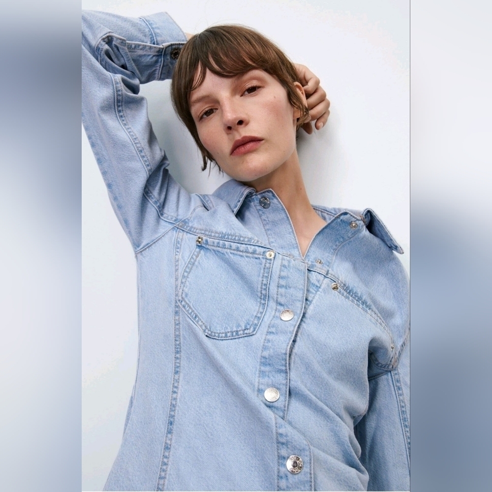 Zara Cotton Fitted Long Sleeves Button Down Denim Shirt Dress Light Wash Size S - Picture 13 of 15